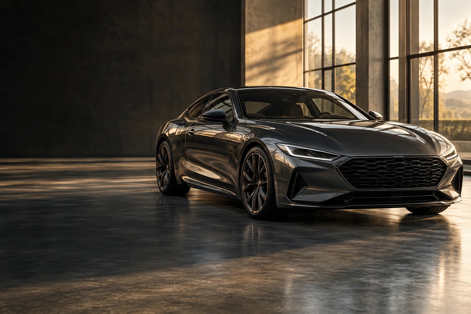 Illustrative unbranded dark coupe in a neutral automotive studio