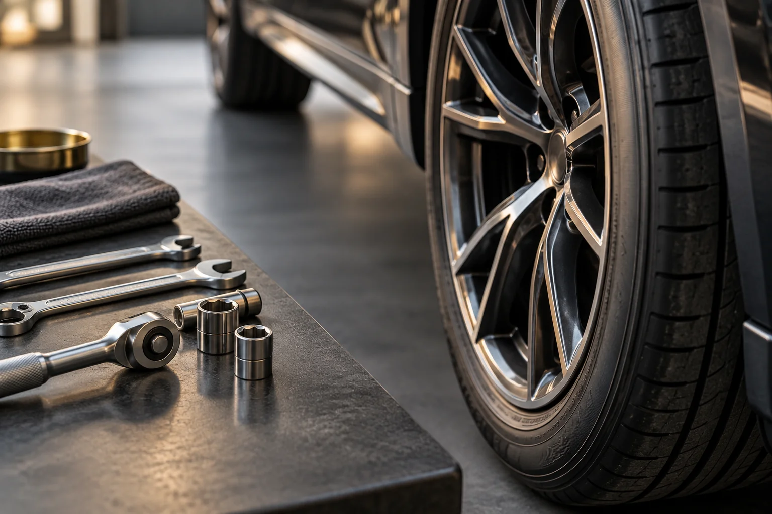 Illustrative automotive wheel and neatly arranged hand tools in a neutral workspace